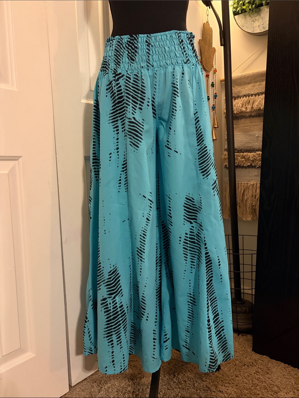 Urban Nomad Wide Leg Palazzo Pants in Turquoise with Black Print